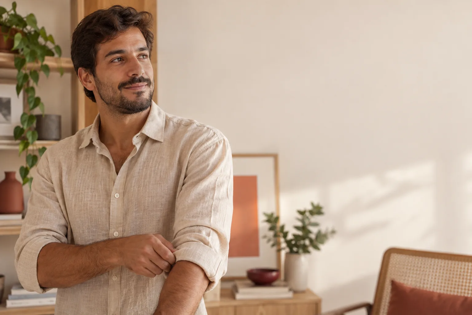 Retrato editorial de um homem em ambiente residencial, ajustando a manga da camisa.
