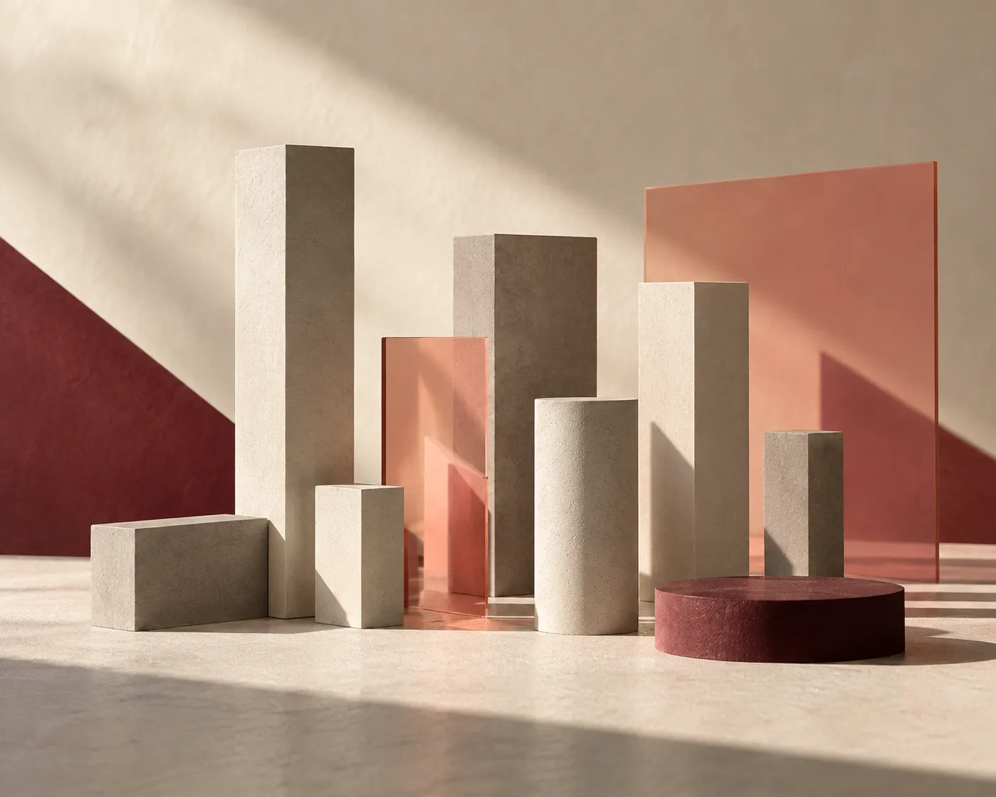 Composição abstrata de volumes verticais creme e cinza, planos salmão e sombras geométricas vinho.
