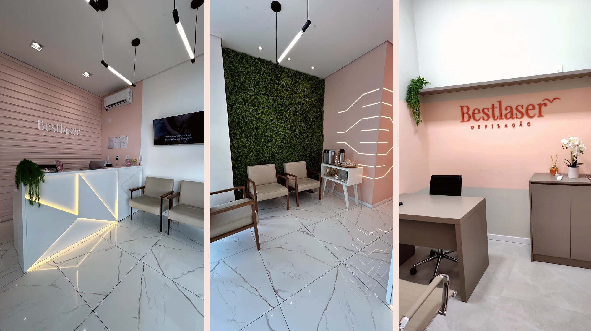 Composição com três fotografias reais de ambientes da Bestlaser.